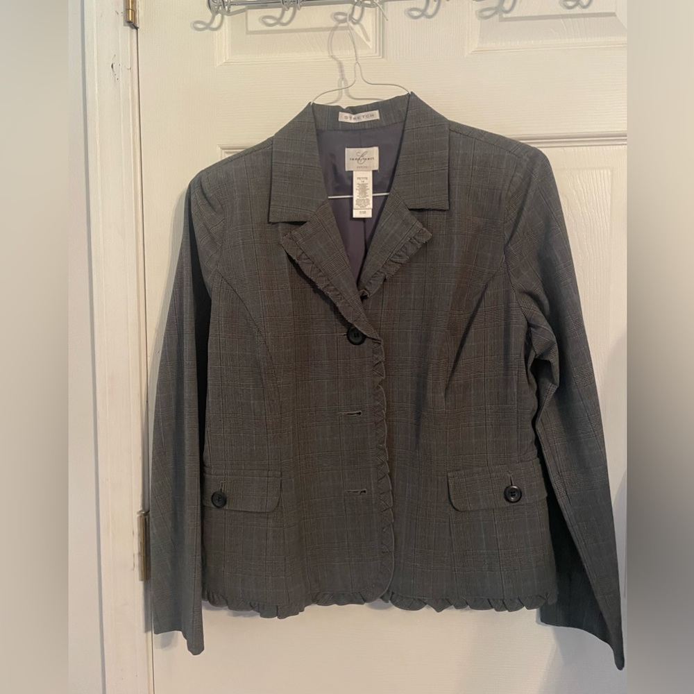 Emma James suit jacket. Gray with some other colors.